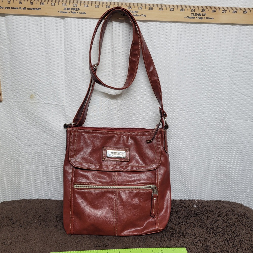 Relic Cognac Brown Faux Leather Crossbody Bag Organizer Purse Silver Hardware
